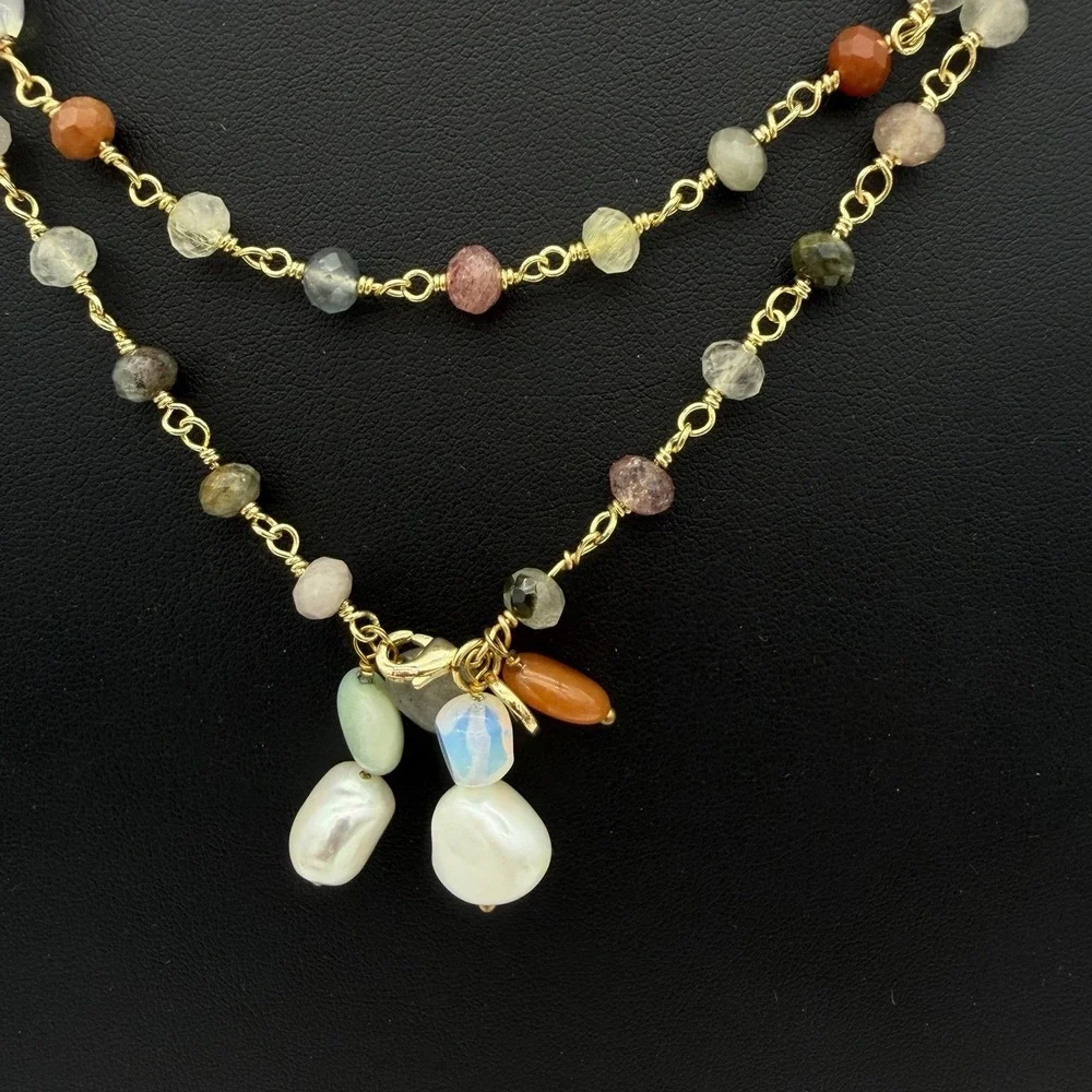 HSN Joya 925 Freshwater Pearl & Gemstone Necklace Flapper 62 Inches Layering‎